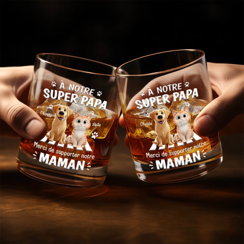 Verre À Whisky Personnalisé – Cadeau pour Propriétaires D’animaux, Amoureux des Animaux – Mon cœur, ma famille