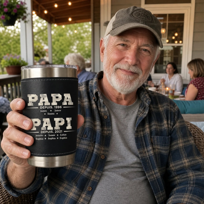 Gobelet Isotherme en Similicuir Personnalisé – Cadeau pour Papa, Papi – Papa dans le cœur