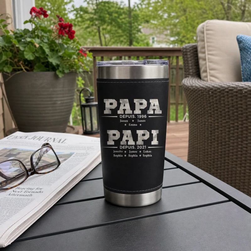 Gobelet Isotherme en Similicuir Personnalisé – Cadeau pour Papa, Papi – Papa dans le cœur