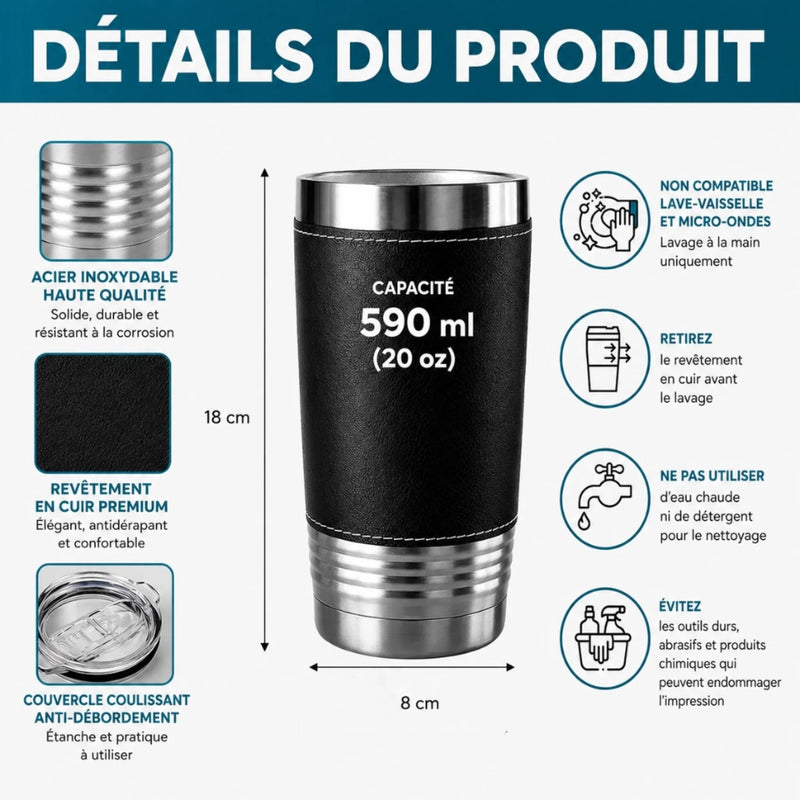 Gobelet Isotherme en Similicuir Personnalisé – Cadeau pour Papa, Papi – Papa dans le cœur
