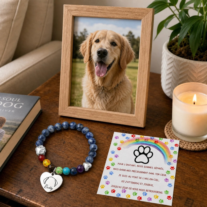 Bracelet Souvenir Personnalisé – Cadeau Commémoratif pour Propriétaire d’Animal – En attendant au pont arc-en-ciel