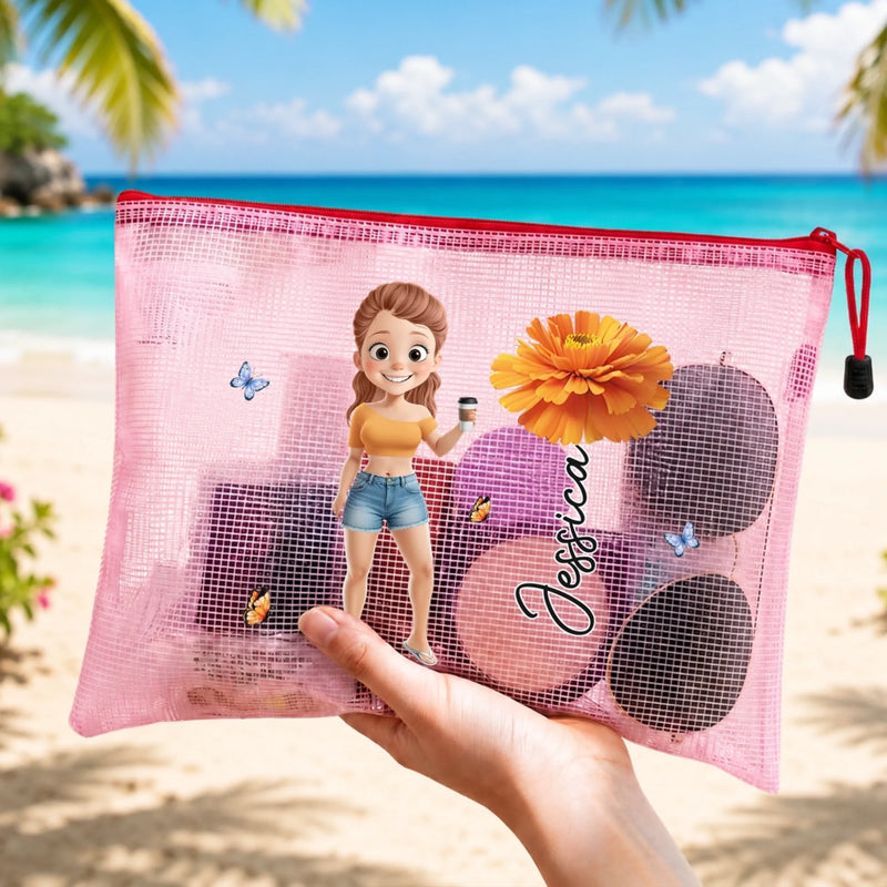 Pochette de Plage en Filet Personnalisée – Cadeau pour Femme – L'Air Marin, l'Âme Heureuse