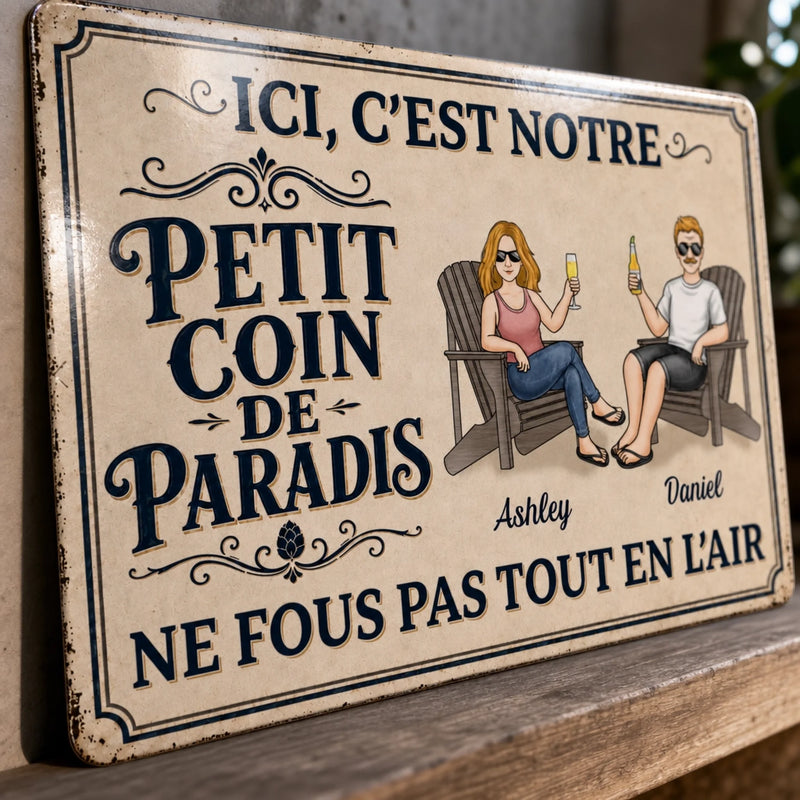 Panneau Métallique Personnalisé – Cadeau pour Couple – Pause, bonheur, paradis