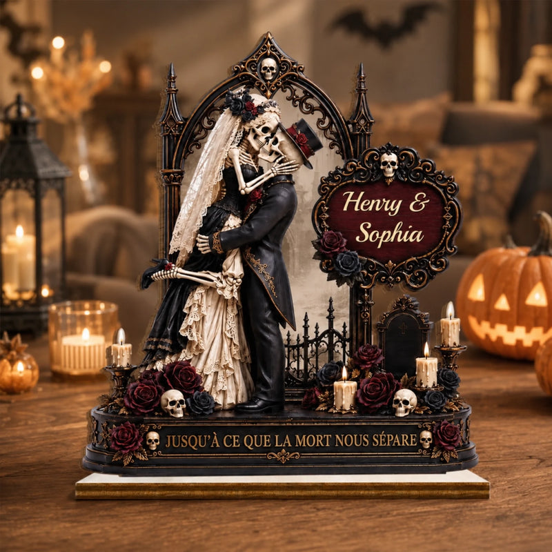 Plaque en Bois 2 Couches Personnalisée avec Support – Cadeau d’Halloween et d’Anniversaire pour Couple – Notre Amour Gothique Éternel