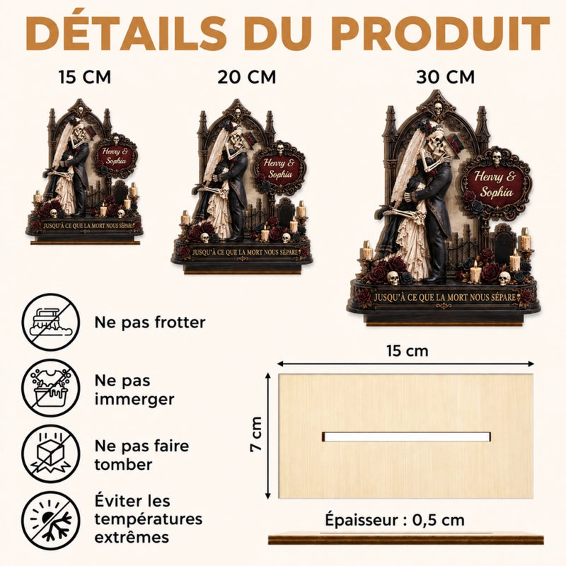Plaque en Bois 2 Couches Personnalisée avec Support – Cadeau d’Halloween et d’Anniversaire pour Couple – Notre Amour Gothique Éternel