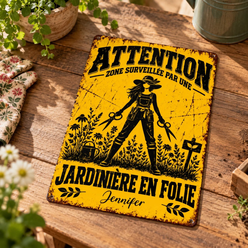 Panneau Métallique Personnalisé – Cadeau Pour Les Jardiniers – Jardinière en folie