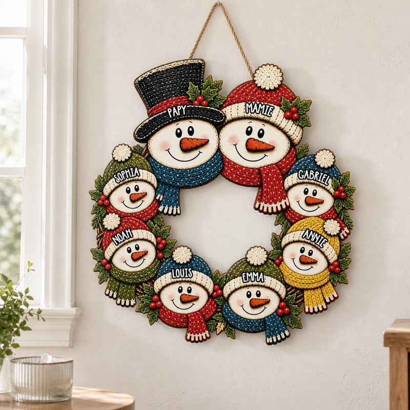Décoration de Noël Personnalisée avec Famille de Bonshommes de Neige - Panneau En Bois Personnalisé – Bonnets d’Hiver