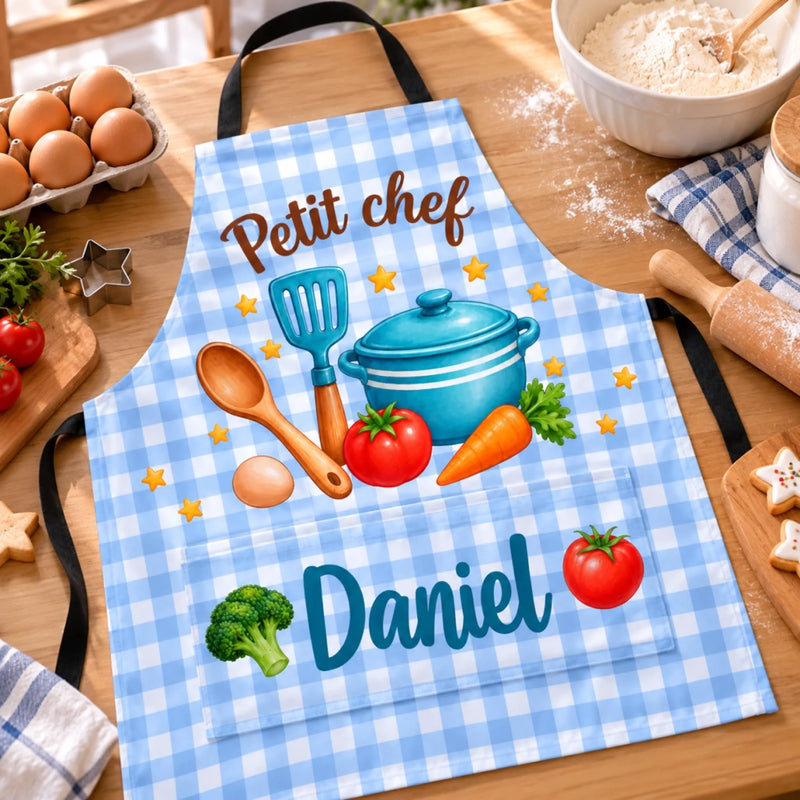 Tablier Personnalisé Avec Poche Pour Enfants – Cadeau Pour Petit Pâtissier Et Petit Chef Avec Prénom – Le Bonheur Se Prépare En Cuisine