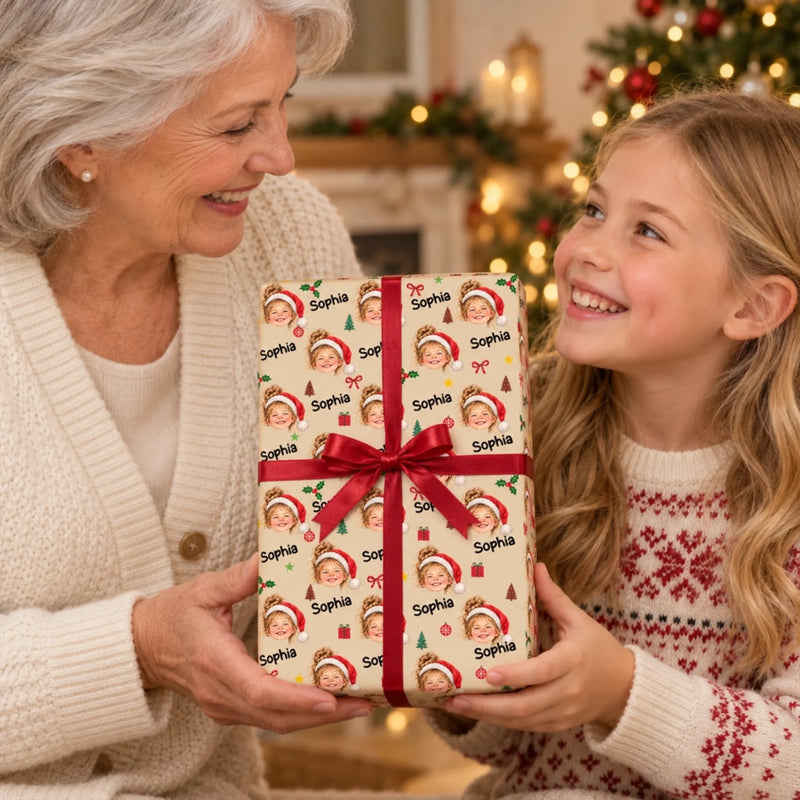 Papier cadeau personnalisé avec photo – Cadeau de Noël pour Enfant – L’heure des surprises